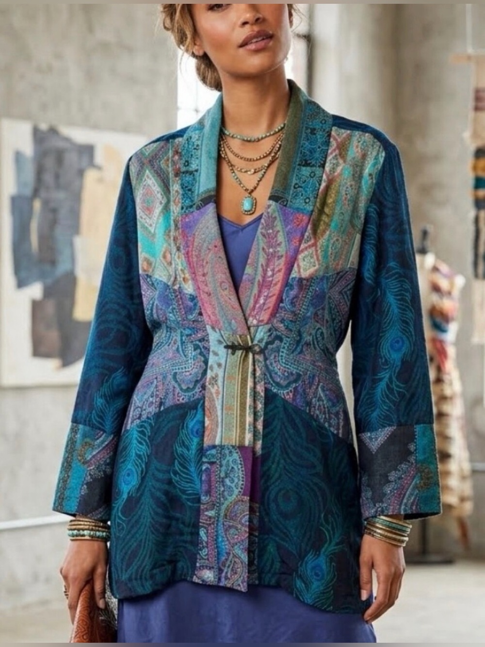 Soft Surroundings Size Small Boho Patchwork Tunic Jacket in Teal, Purple & Black
